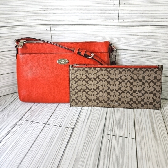 Coach East West Pop Crossbody Bag with Clutch in Orange, Brown with Silver Tone - Picture 1 of 15